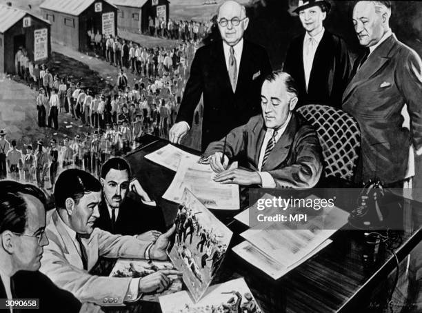 32nd President of the United States Franklin Delano Roosevelt signs the National Labor Relations Act.