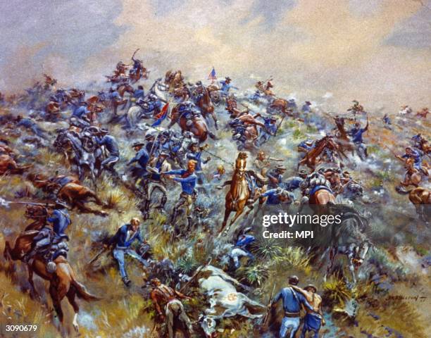 General George Armstrong Custer and the men of the US 7th Cavalry are massacred by Sioux and Cheyenne Indians at the Battle of Little Big Horn,...