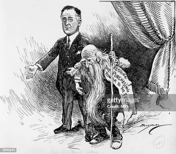 President Franklin Delano Roosevelt pictured with an old idea, to 'restore the purchasing power' of the farmer. Cartoon by Clifford K Berryman.