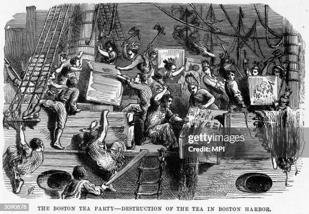 Group of Bostonians dressed as Native Americans dump crates of imported British tea into Boston Harbour as a protest against the British Tea Act.