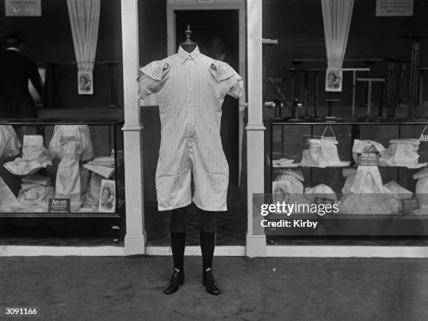 Man's one-piece undergarment, known as the 'Union Shirt', on display at a clothing exhibition in London.