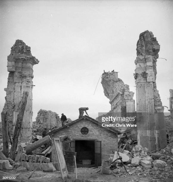 Small makeshift church rises amongst the ruins of the Abbey of Monte Cassino near Naples, a Benedictine monastery dating back to 529 AD. The building...