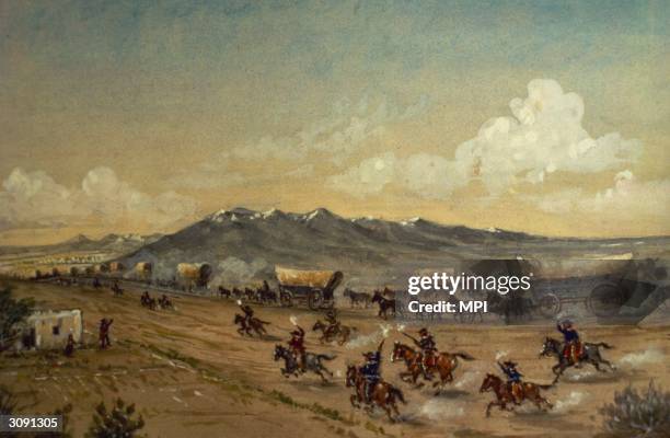 Group of bandits overtake a wagon train in the Wild West. A painting by W H Jackson.