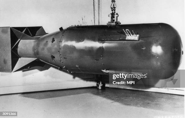 Postwar replica of the 'Little Boy' nuclear weapon, which was dropped on Hiroshima, Japan, in August 1945. U.S. Government Photo, circa 1946.