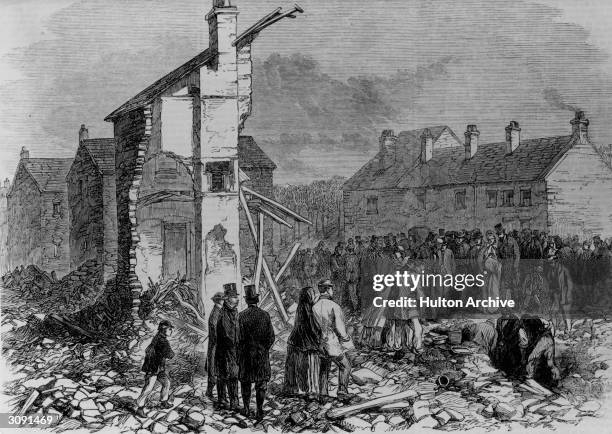 Searching for the dead at Malin Bridge after the flood at Sheffield. Original Publication: Illustrated London News