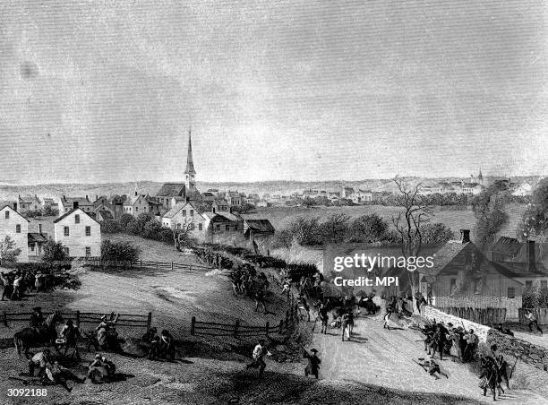 British soldiers, marching back to Boston after destroying a weapon supply at Concord, are attacked by American minutemen.