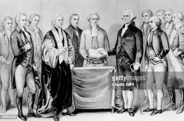 The inauguration of George Washington as the first President of the United States, also present are Alexander Hamilton, Robert R Livingston, Roger...