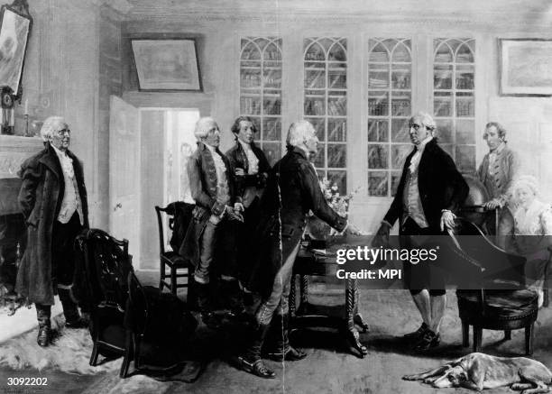 Illustration of American general and politician George Washington receiving the news of his election as the first American president, 1789. Martha...