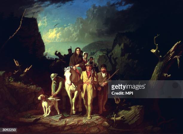 Daniel Boone leading a group of settlers. He played a major part in the exploration and settlement of Kentucky. He established a route through the...