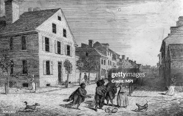 Group of chimneysweeps watching a girl drop a plate in Lombard Street, Philadelphia.