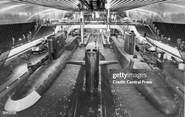 Submarines at the world's largest film set at Pinewood Studios near London, built for the James Bond film 'The Spy Who Loved Me'.