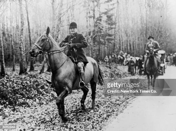 British chancellor of the exchequer Winston Churchill with the Duke of Westminster at Foucaumont, France, where they are taking part in a boar hunt.