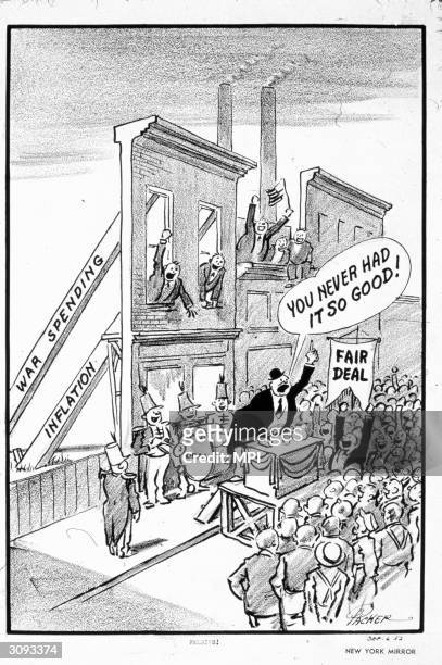 Cartoon criticizing President Truman's Fair Deal program, which was an attempt to move beyond the New Deal established by his predecessor, President...