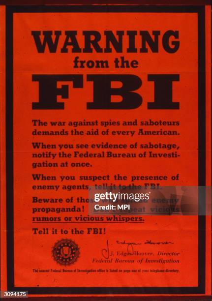 An FBI poster warning against spies and saboteurs and rumours, all of which should be reported to the FBI.