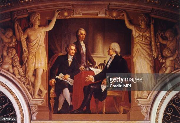 President George Washington in consultation with his Secretary of State Thomas Jefferson and Secretary of the Treasury Alexander Hamilton . A...