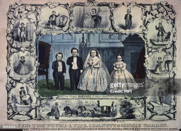 The wedding of General Tom Thumb and Lavinia Warren Bump in Grace Church, New York. The couple are attended by best man Commodore George Nutt and...