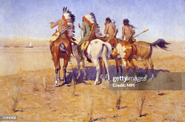 Four Native American horsemen witness the arrival of a boatload of settlers in the American west. Original Artist: By Frederic Remington .