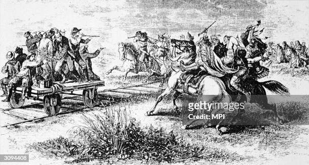 Party of Native Americans attacking a handcar on the Union Pacific Railway near the River Platte.
