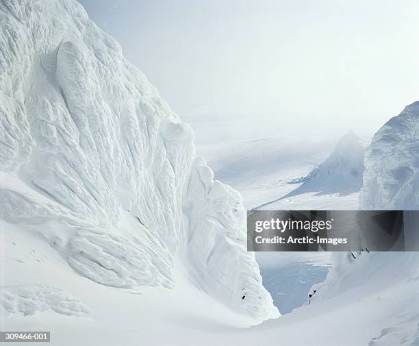 cauliflower ice formations in snow-covered landscape - iceland landscape stock-fotos und bilder