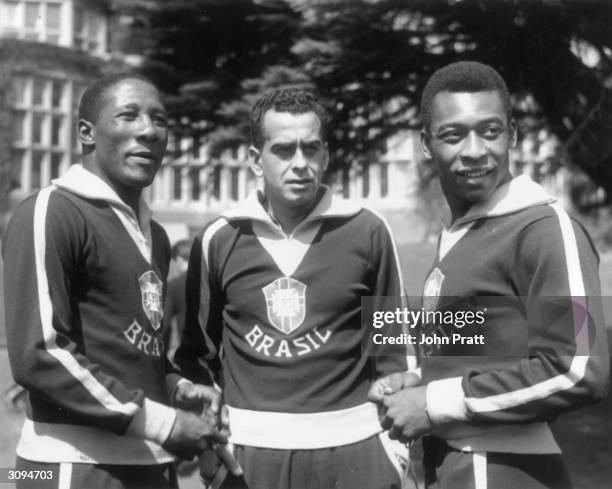 Three footballers of Brazil's national team - - Djalma Santos, Zito and Pele - at their hotel at Selsdon Park. The players have recovered from...