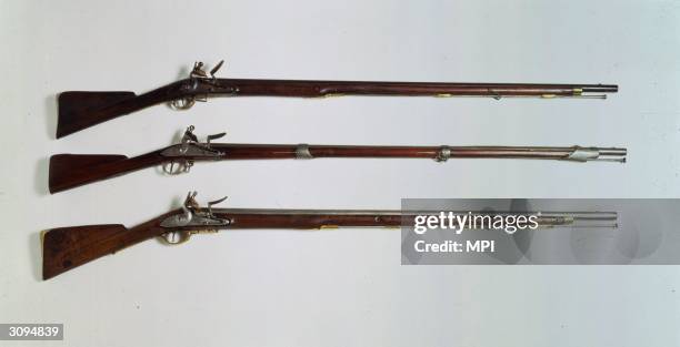 Commonly used rifles of the War of Independence. In the centre is a 69 calibre French musket and at the bottom is a British Short Land Service...