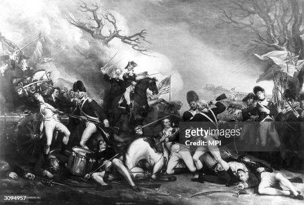 General George Washington surprises and defeats British forces at in Princeton, New Jersey during the American Revolution. Original Artwork: Painted...