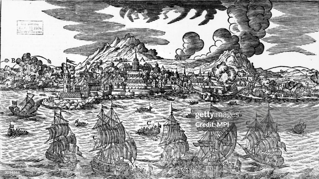 Engraving depicts warship in Boston Harbour as British troops retreat ...