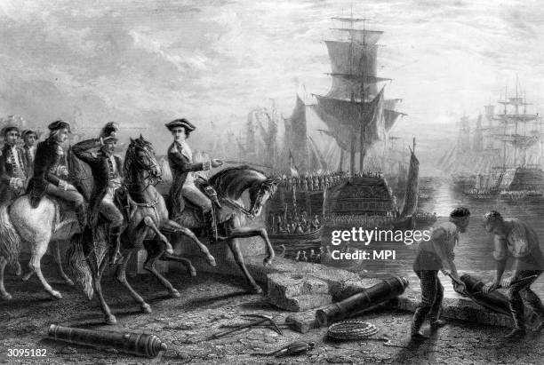 Engraving depicts British General William Howe, 5th Viscount Howe , commander in chief of the British forces in North America during the American...