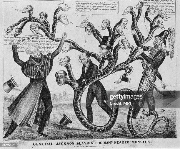 Brandishing a veto, President Andrew Jackson slays a bizarre snake-like monster whose many heads bear the names of the various states.