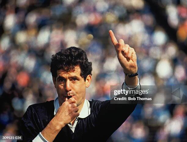 football referee blowing whistle, crowd in background - referee football ストックフォトと画像