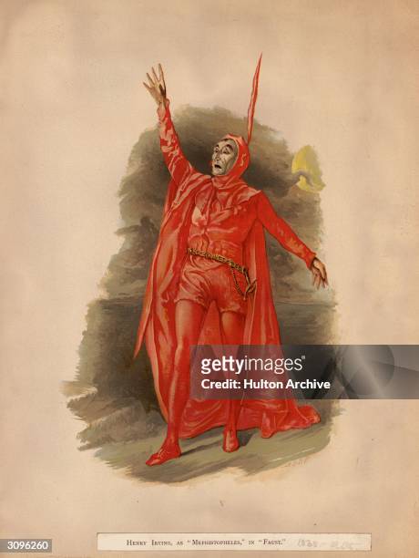 Sir Henry Irving dressed in a red devil's costume as Mephistopheles in Faust. Original Artist - Abbe