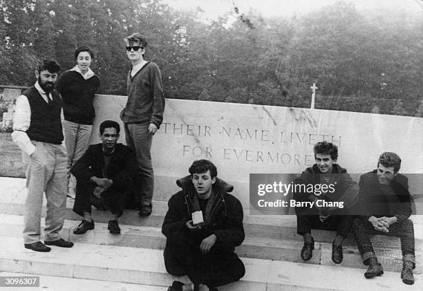 An early incarnation of the Beatles photographed at the Arnhem War Memorial in the eastern Netherlands, during the journey on their first trip to...