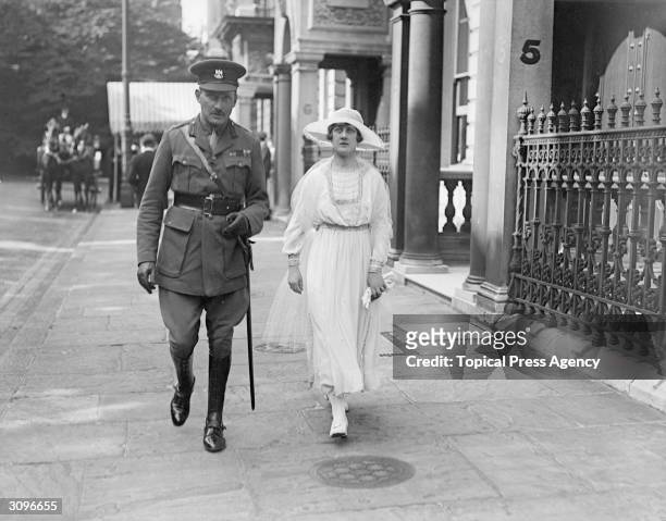Prince Arthur of Connaught and his wife, Princess Alexandra attending the wedding of the Marquis of Carisbrooke and Lady Irene Denison.