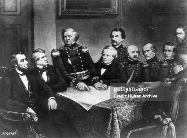 American Union politicians and soldiers taking part in a council of war, Abraham Lincoln, William Henry Seward, Winfield Scott, Simon Cameron, George...