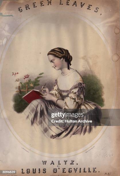 Young woman sits writing in a red notebook on the cover of the musical score for 'Green Leaves', a waltz by Louis D'Egville.