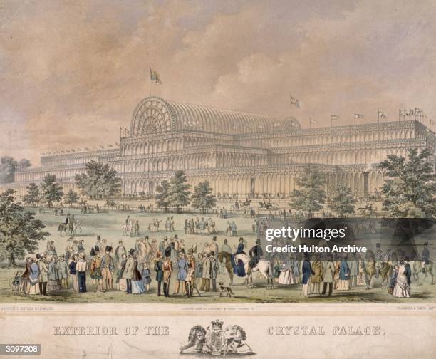 Crowds outside the Crystal Palace in Hyde Park, London, designed by Sir Joseph Paxton for the Great Exhibition of 1851. Original Artwork: Drawing and...