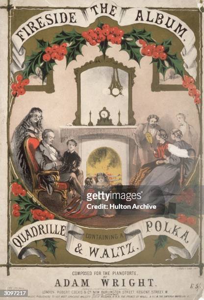 Family sitting beside a cosy fire on the front cover of a musical score by Adam Wright, contraining a quadrille, a polka and a waltz. Original...