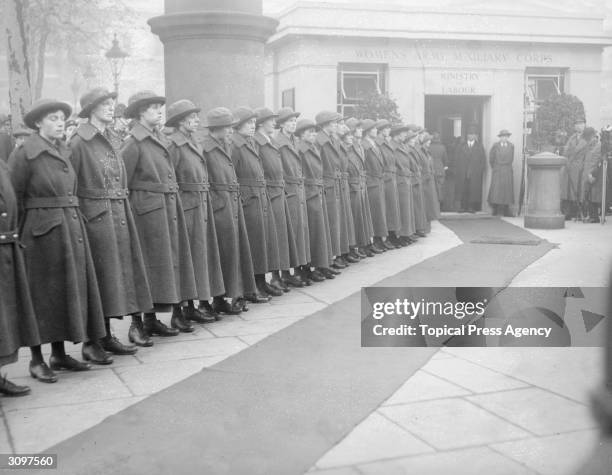 Women's Army Auxiliary Corps line up for inspection outside the Ministry of Labour.