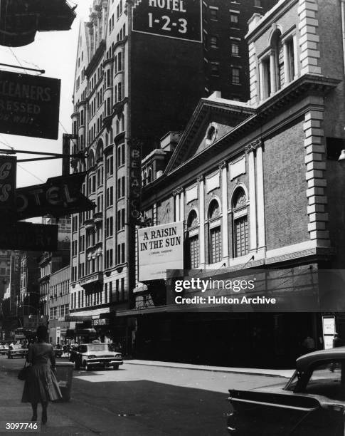 The marquee of the Belasco Theatre advertising Lorraine Hansberry's play 'A Raisin in the Sun,' New York, New York, late 1959.
