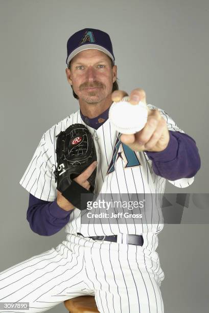 Pitcher Randy Johnson of the Arizona Diamondbacks poses for a portrait during Media Day at Tucson Electric Park on February 28, 2004 in Tucson,...