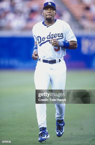 Gary Sheffield of the Los Angeles Dodgers looks on during a game against the Montreal Expos at the Doger Stadium in Los Angeles, California. The...