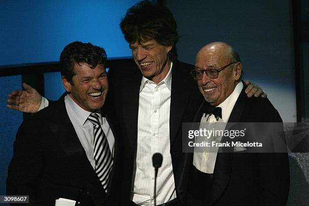Inductee Jann S. Wenner, musician Mick Jagger and Ahmet Ertegun at the Rock & Roll Hall Of Fame 19th Annual Induction Dinner at the Waldorf Astoria...
