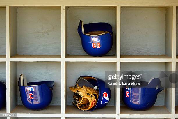 Montreal Expos helmets and glove during the Spring Training game against the Los Angeles Dodgers on March 9, 2004 at Space Coast Stadium in Viera,...