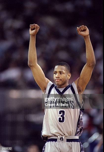 Guard Allen Iverson of the Georgetown Hoyas celebrates during a game against the Texas Tech Red Raiders. Georgetown won the game, 98-90. Mandatory...