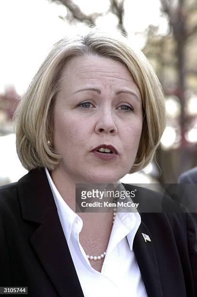 District Attorney Elizabeth Egan speaks to the media outside Superior Court at the arraignment of accused killer Marcus Wesson March 17, 2004 in...