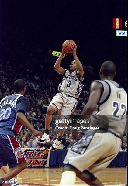 Guard Allen Iverson of the Georgetown Hoyas looks to shoot the ball during a game against the Villanova Wildcats at the USAir Arena in Landover,...