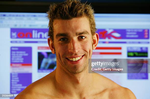 Online ambassador and World Champion Swimmer James Gibson at the headquarters of UK Online. UK Online is the official ISP to Team GB on March 10,...