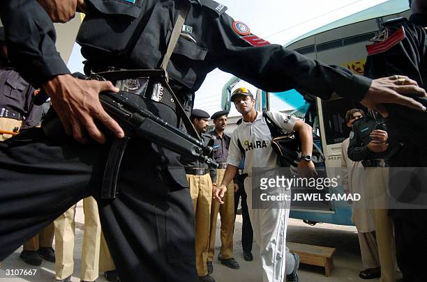 Indian cricketer Rahul Dravid arrives amid tight security for a practice session at the Arbab Niaz Stadium,Peshawar, 18 March 2004. The third One Day...