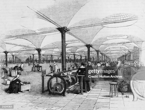 The interior of Marshall's flax mill in Leeds with women workers at the spinning machines. Penny Magazine - Vol 12 - Illustration of Interior of...