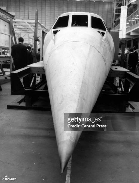 Full scale mock-up of the Anglo-French Concorde at Filton, Bristol showing its characteristic droop-nose, circa 1965.